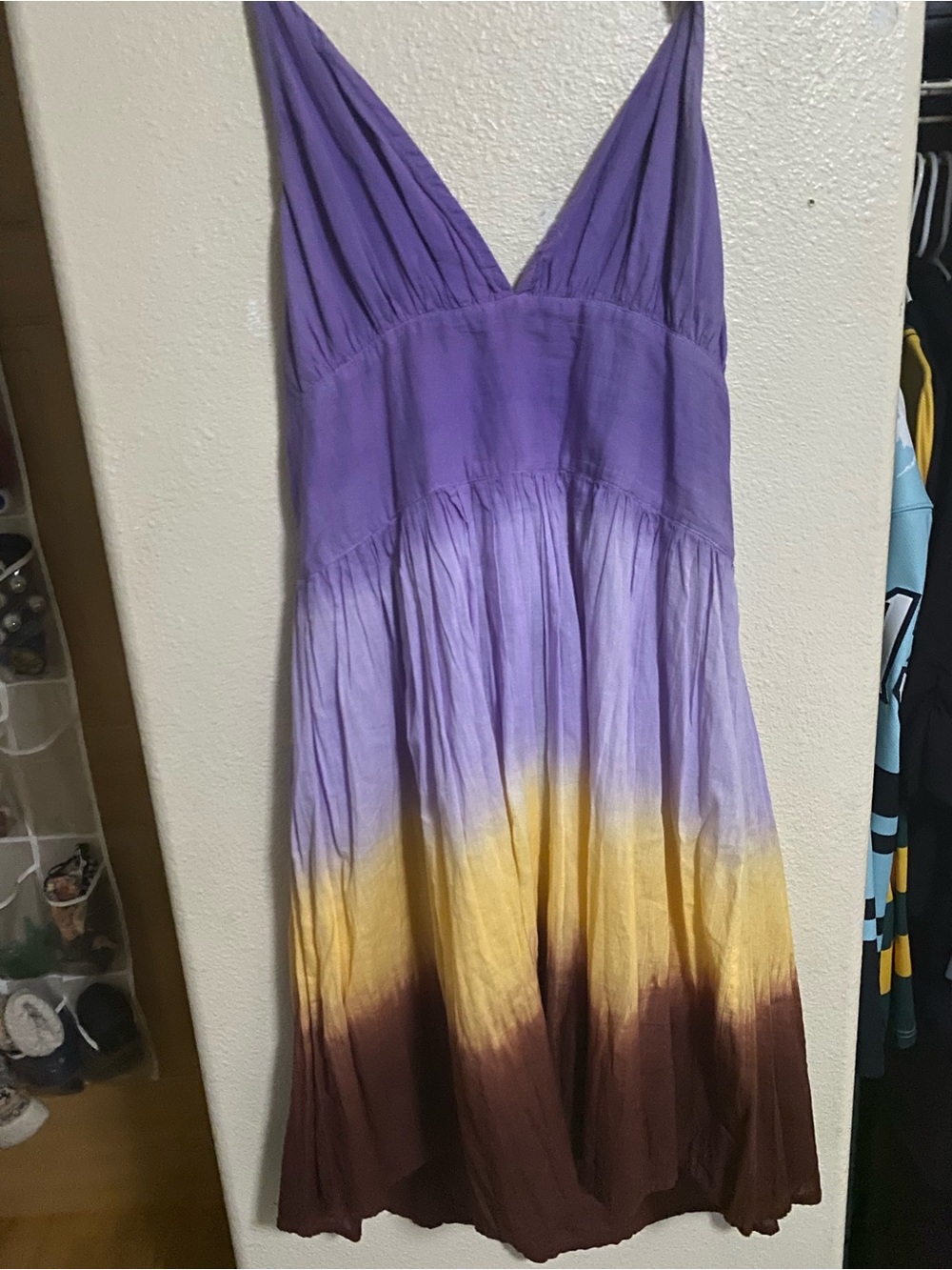 Hand dyed halter V-Neck Ombre Purple to Yellow Sun Dress